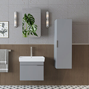 Likya Mdflam Kapaklı Lavabolu 60 Cm Banyo Alt Dolabı + Banyo Üst Dolabı + Banyo Boy Dolabı Kül Gri̇
