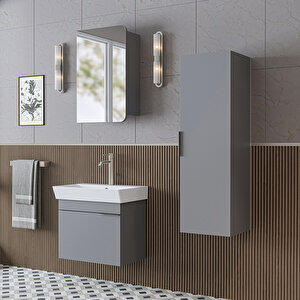 Likya Mdflam Kapaklı Lavabolu 60 Cm Banyo Alt Dolabı + Banyo Üst Dolabı + Banyo Boy Dolabı Kül Gri̇