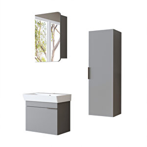 Likya Mdflam Kapaklı Lavabolu 60 Cm Banyo Alt Dolabı + Banyo Üst Dolabı + Banyo Boy Dolabı Kül Gri̇