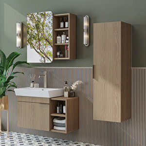 Likya Kapaklı Açık Raflı Mdflam Lavabolu 82 Cm Banyo Alt Dolabı +banyo Üst Dolabı + Banyo Boy Dolabı Klimt Meşe