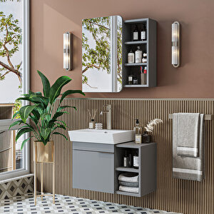 Likya Mdflam Lavabolu Banyo Dolabı Takımı, Tek Kapaklı 72 Cm Lavabolu Banyo Alt Dolabı + Üst Dolabı Kül Gri
