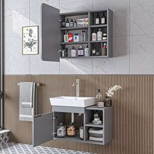 Likya Mdflam Lavabolu Banyo Dolabı Takımı, Tek Kapaklı 72 Cm Lavabolu Banyo Alt Dolabı + Üst Dolabı
