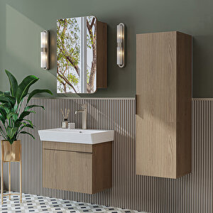 Likya Mdflam Kapaklı Lavabolu 60 Cm Banyo Alt Dolabı + Banyo Üst Dolabı + Banyo Boy Dolabı Klimt Meşe