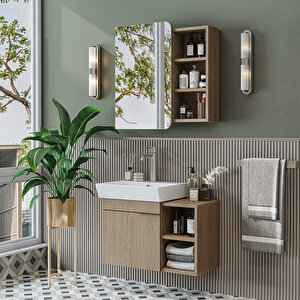 Likya Mdflam Lavabolu Banyo Dolabı Takımı, Tek Kapaklı 72 Cm Lavabolu Banyo Alt Dolabı + Üst Dolabı Klimt Meşe