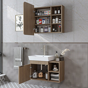 Likya Mdflam Lavabolu Banyo Dolabı Takımı, Tek Kapaklı 72 Cm Lavabolu Banyo Alt Dolabı + Üst Dolabı Klimt