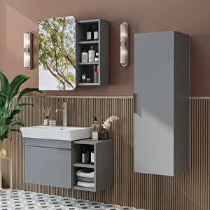 Likya Kapaklı Açık Raflı Mdflam Lavabolu 82 Cm Banyo Alt Dolabı +banyo Üst Dolabı + Banyo Boy Dolabı Kül Gri̇ Kül Gri
