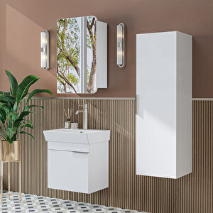 Likya Kapaklı Lavabolu 50 Cm Banyo Alt Dolabı + Üst Dolabı + Banyo Boy Dolabı Beyaz Beyaz