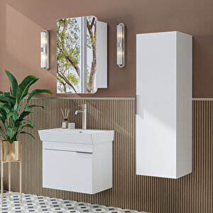 Likya Mdflam Kapaklı Lavabolu 60 Cm Banyo Alt Dolabı + Banyo Üst Dolabı + Banyo Boy Dolabı Beyaz Beyaz