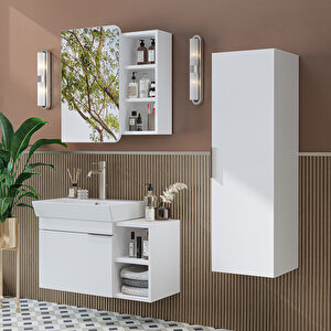 Likya Kapaklı Açık Raflı Mdflam Lavabolu 82 Cm Banyo Alt Dolabı +banyo Üst Dolabı + Banyo Boy Dolabı  Beyaz Beyaz