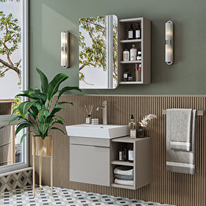 Likya Mdflam Lavabolu Banyo Dolabı Takımı, Tek Kapaklı 72 Cm Lavabolu Banyo Alt Dolabı + Üst Dolabı Kumtaşi Kumtaşı