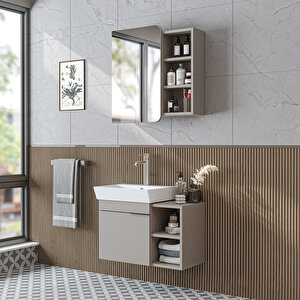 Likya Mdflam Lavabolu Banyo Dolabı Takımı, Tek Kapaklı 72 Cm Lavabolu Banyo Alt Dolabı + Üst Dolabı Kumtaşi