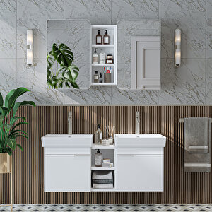 Likya 2 Kapaklı Ve Açık Raflı Mdflam 2 Lavabolu 120 Cm Banyo Alt Dolabı Üst Dolabı Beyaz Beyaz