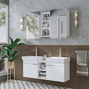 Likya 2 Kapaklı Ve Açık Raflı Mdflam 2 Lavabolu 120 Cm Banyo Alt Dolabı Üst Dolabı Beyaz Beyaz