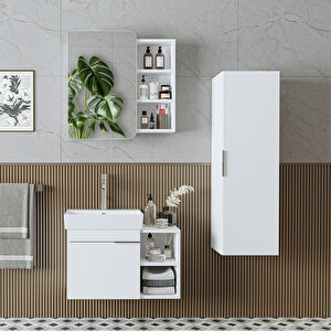 Likya Kapaklı Ve Açık Raflı Mdflam Lavabolu 72 Cm Banyo Alt Dolabı + Üst Dolabı + Banyo Boy Dolabı Beyaz