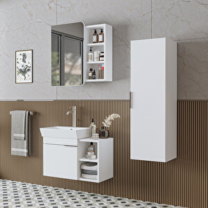 Likya Kapaklı Ve Açık Raflı Mdflam Lavabolu 72 Cm Banyo Alt Dolabı + Üst Dolabı + Banyo Boy Dolabı Beyaz