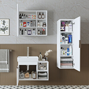 Likya Kapaklı Ve Açık Raflı Mdflam Lavabolu 72 Cm Banyo Alt Dolabı + Üst Dolabı + Banyo Boy Dolabı Beyaz