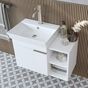 Likya Kapaklı Ve Açık Raflı Mdflam Lavabolu 72 Cm Banyo Alt Dolabı + Üst Dolabı + Banyo Boy Dolabı Beyaz