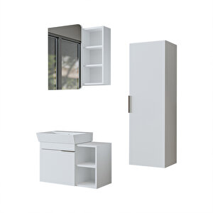 Likya Kapaklı Ve Açık Raflı Mdflam Lavabolu 72 Cm Banyo Alt Dolabı + Üst Dolabı + Banyo Boy Dolabı Beyaz
