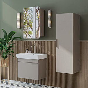 Likya Mdflam Kapaklı Lavabolu 60 Cm Banyo Alt Dolabı + Banyo Üst Dolabı + Banyo Boy Dolabı Kumtaşi Kumtaşı