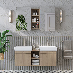 Likya 2 Kapaklı Ve Açık Raflı Mdflam 2 Lavabolu 120 Cm Banyo Alt Dolabı Üst Dolabı Klimt Meşe