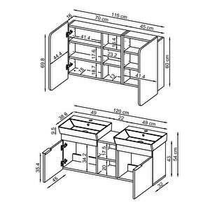 Likya 2 Kapaklı Ve Açık Raflı Mdflam 2 Lavabolu 120 Cm Banyo Alt Dolabı Üst Dolabı Klimt Meşe