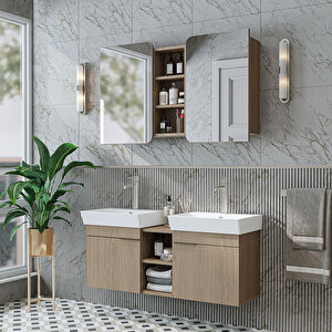 Likya 2 Kapaklı Ve Açık Raflı Mdflam 2 Lavabolu 120 Cm Banyo Alt Dolabı Üst Dolabı Klimt Meşe