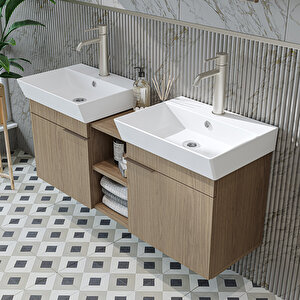 Likya 2 Kapaklı Ve Açık Raflı Mdflam 2 Lavabolu 120 Cm Banyo Alt Dolabı Üst Dolabı Klimt