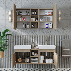 Likya 2 Kapaklı Ve Açık Raflı Mdflam 2 Lavabolu 120 Cm Banyo Alt Dolabı Üst Dolabı Klimt