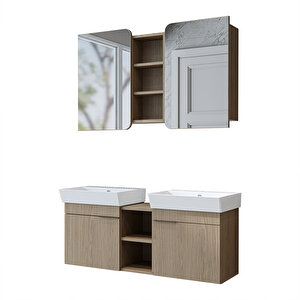 Likya 2 Kapaklı Ve Açık Raflı Mdflam 2 Lavabolu 120 Cm Banyo Alt Dolabı Üst Dolabı Klimt