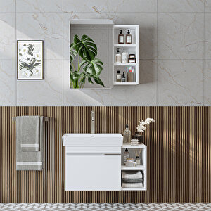 Likya Tek Kapaklı Lavabolu 82 Cm Banyo Alt Dolabı + Üst Dolabı, Lavabolu Mdflam Banyo Dolabı Takımı Beyaz