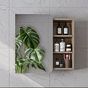 Likya Kulpsuz Tek Kapaklı Açık Raflı Aynalı Mdflam 70 Cm Aynalı Banyo Üst Dolabı Klimt Meşe