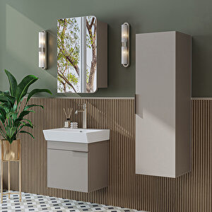 Likya Kapaklı Lavabolu 50 Cm Banyo Alt Dolabı + Üst Dolabı + Banyo Boy Dolabı Kumtaşi Kumtaşı