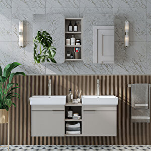 Likya 2 Kapaklı Ve Açık Raflı Mdflam 2 Lavabolu 120 Cm Banyo Alt Dolabı Üst Dolabı Kumtaşi Kumtaşı