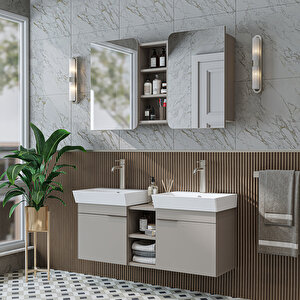 Likya 2 Kapaklı Ve Açık Raflı Mdflam 2 Lavabolu 120 Cm Banyo Alt Dolabı Üst Dolabı Kumtaşi Kumtaşı