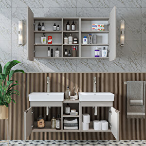 Likya 2 Kapaklı Ve Açık Raflı Mdflam 2 Lavabolu 120 Cm Banyo Alt Dolabı Üst Dolabı Kumtaşi