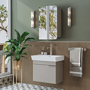 Likya Lavabolu Banyo Dolabı Takımı, Mdflam Tek Kapaklı Lavabolu 59 Cm Banyo Alt Dolabı + Üst Dolabı Kumtaşi Kumtaşı
