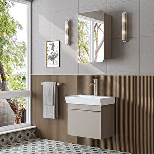 Likya Lavabolu Banyo Dolabı Takımı, Mdflam Tek Kapaklı Lavabolu 59 Cm Banyo Alt Dolabı + Üst Dolabı Kumtaşi