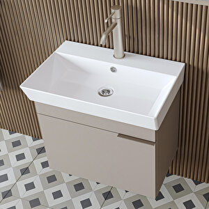 Likya Lavabolu Banyo Dolabı Takımı, Mdflam Tek Kapaklı Lavabolu 59 Cm Banyo Alt Dolabı + Üst Dolabı Kumtaşi