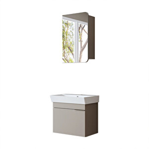 Likya Lavabolu Banyo Dolabı Takımı, Mdflam Tek Kapaklı Lavabolu 59 Cm Banyo Alt Dolabı + Üst Dolabı Kumtaşi