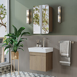 Likya Mdflam Tek Kapaklı Lavabolu 49 Cm Banyo Dolabı + Üst Dolabı, Mini Lavabolu Banyo Dolabı Takımı  Klimt Meşe