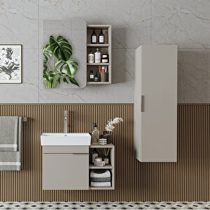 Likya Kapaklı Ve Açık Raflı Mdflam Lavabolu 72 Cm Banyo Alt Dolabı + Üst Dolabı + Banyo Boy Dolabı Kumtaşi