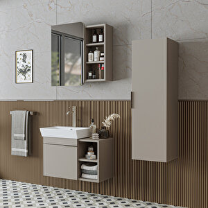 Likya Kapaklı Ve Açık Raflı Mdflam Lavabolu 72 Cm Banyo Alt Dolabı + Üst Dolabı + Banyo Boy Dolabı Kumtaşi