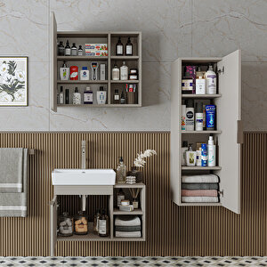 Likya Kapaklı Ve Açık Raflı Mdflam Lavabolu 72 Cm Banyo Alt Dolabı + Üst Dolabı + Banyo Boy Dolabı Kumtaşi