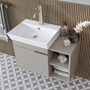 Likya Kapaklı Ve Açık Raflı Mdflam Lavabolu 72 Cm Banyo Alt Dolabı + Üst Dolabı + Banyo Boy Dolabı Kumtaşi
