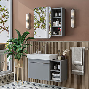 Likya Tek Kapaklı Lavabolu 82 Cm Banyo Alt Dolabı + Üst Dolabı, Lavabolu Mdflam Banyo Dolabı Takımı Kül Gri̇ Kül Gri
