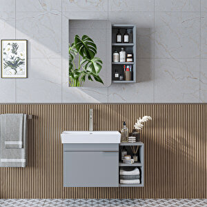 Likya Tek Kapaklı Lavabolu 82 Cm Banyo Alt Dolabı + Üst Dolabı, Lavabolu Mdflam Banyo Dolabı Takımı Kül Gri̇
