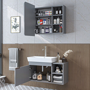 Likya Tek Kapaklı Lavabolu 82 Cm Banyo Alt Dolabı + Üst Dolabı, Lavabolu Mdflam Banyo Dolabı Takımı Kül Gri̇