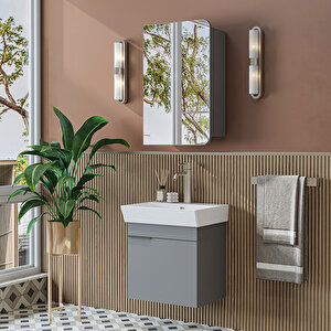 Likya Mdflam Tek Kapaklı Lavabolu 49 Cm Banyo Dolabı + Üst Dolabı, Mini Lavabolu Banyo Dolabı Takımı Kül Gri̇ Kül Gri