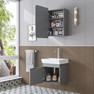 Likya Mdflam Tek Kapaklı Lavabolu 49 Cm Banyo Dolabı + Üst Dolabı, Mini Lavabolu Banyo Dolabı Takımı Kül Gri̇