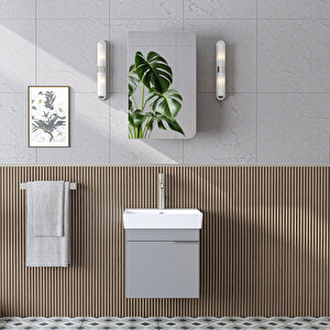 Likya Mdflam Tek Kapaklı Lavabolu 49 Cm Banyo Dolabı + Üst Dolabı, Mini Lavabolu Banyo Dolabı Takımı Kül Gri̇